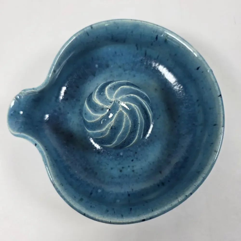 Vintage Artist Signed Pottery Orange Lemon Citrus Juicer Blue speckled